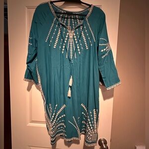 Tolani Teal Embroidered Midi Dress with Tassels